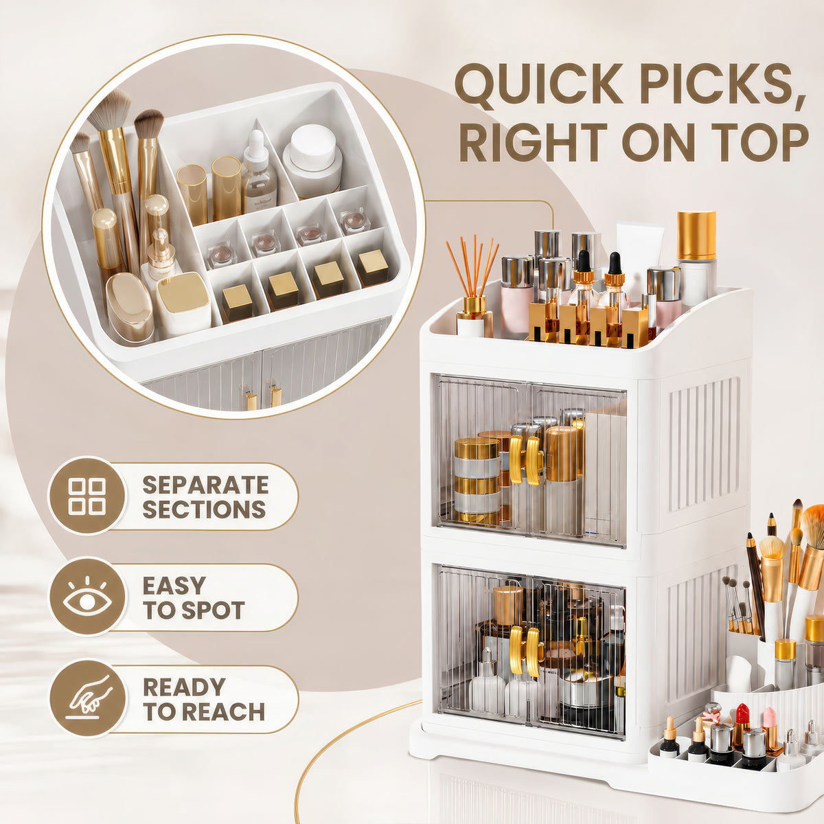AINEXA 3-Layer 360° Rotating Makeup Organiser with Brush Holder – White