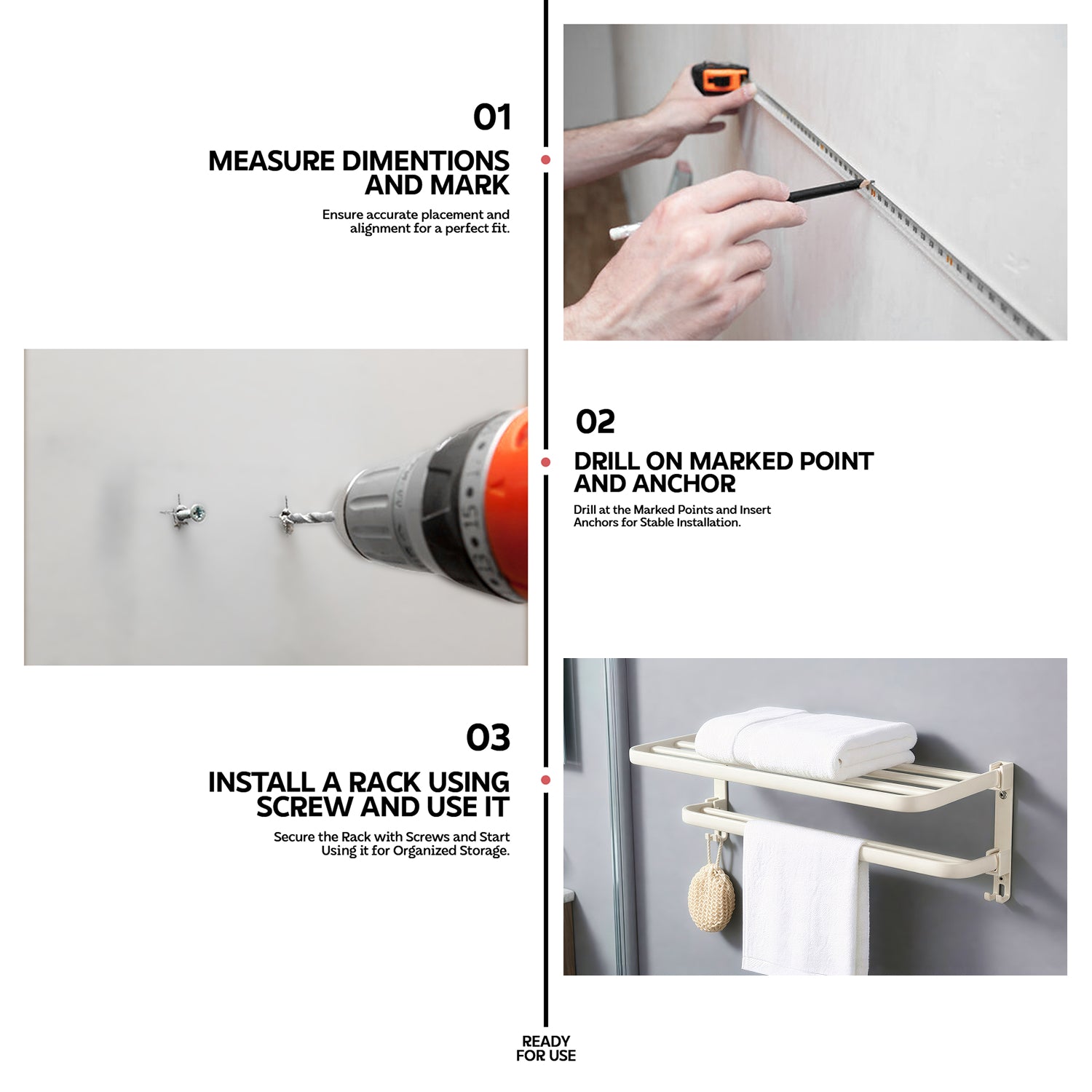 AINEXA 24-Inch Self-Adhesive Aluminium Towel Rack with Hooks – White