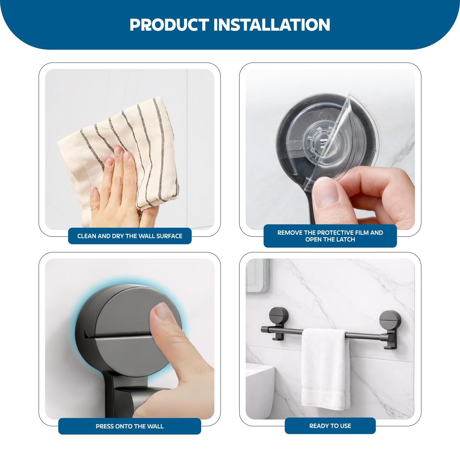 AINEXA Vacuum Suction Aluminium Towel Holder with Hooks – Matte Grey