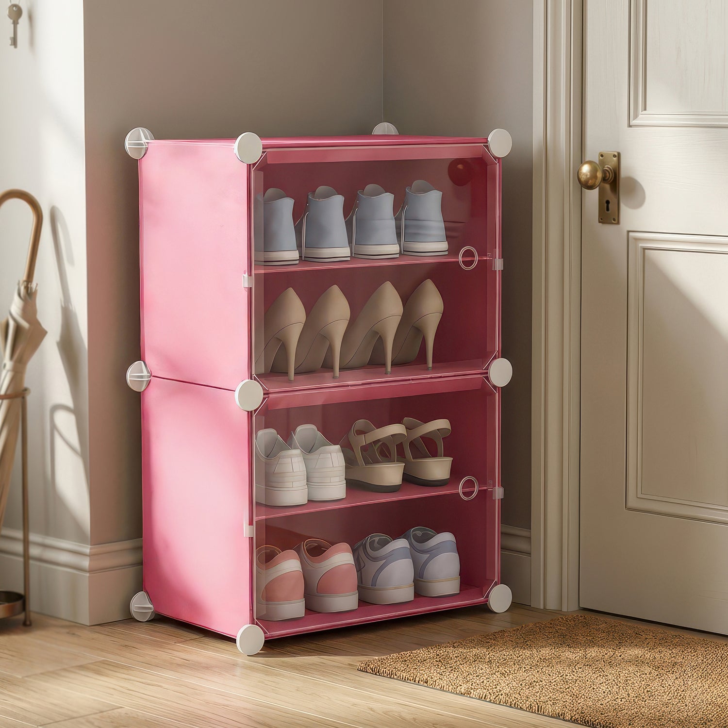 AINEXA 4-Layer Foldable Plastic Shoe Rack with Door Cover – Pink