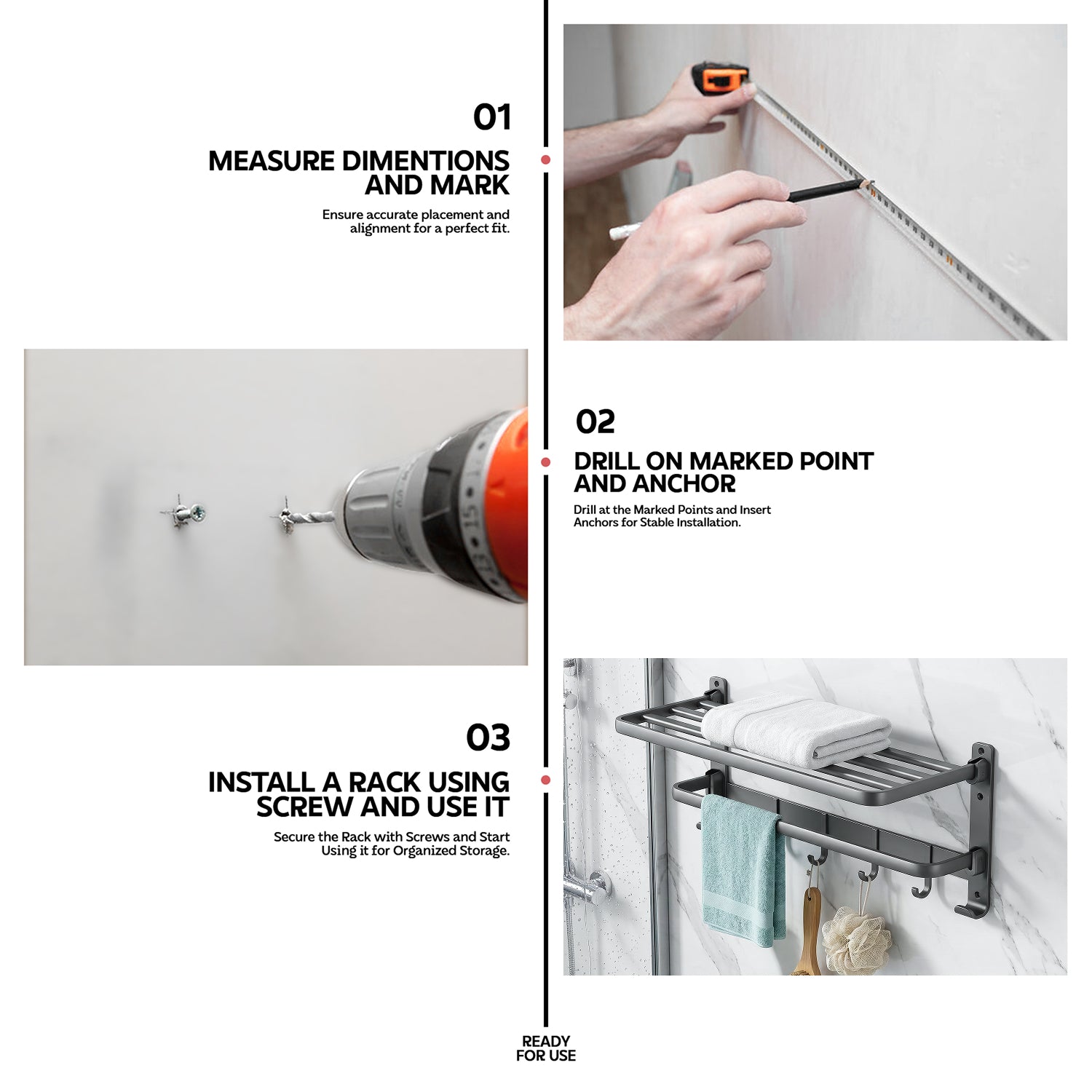 AINEXA 24-Inch Aluminium Towel Rack with Hooks – Matte Grey