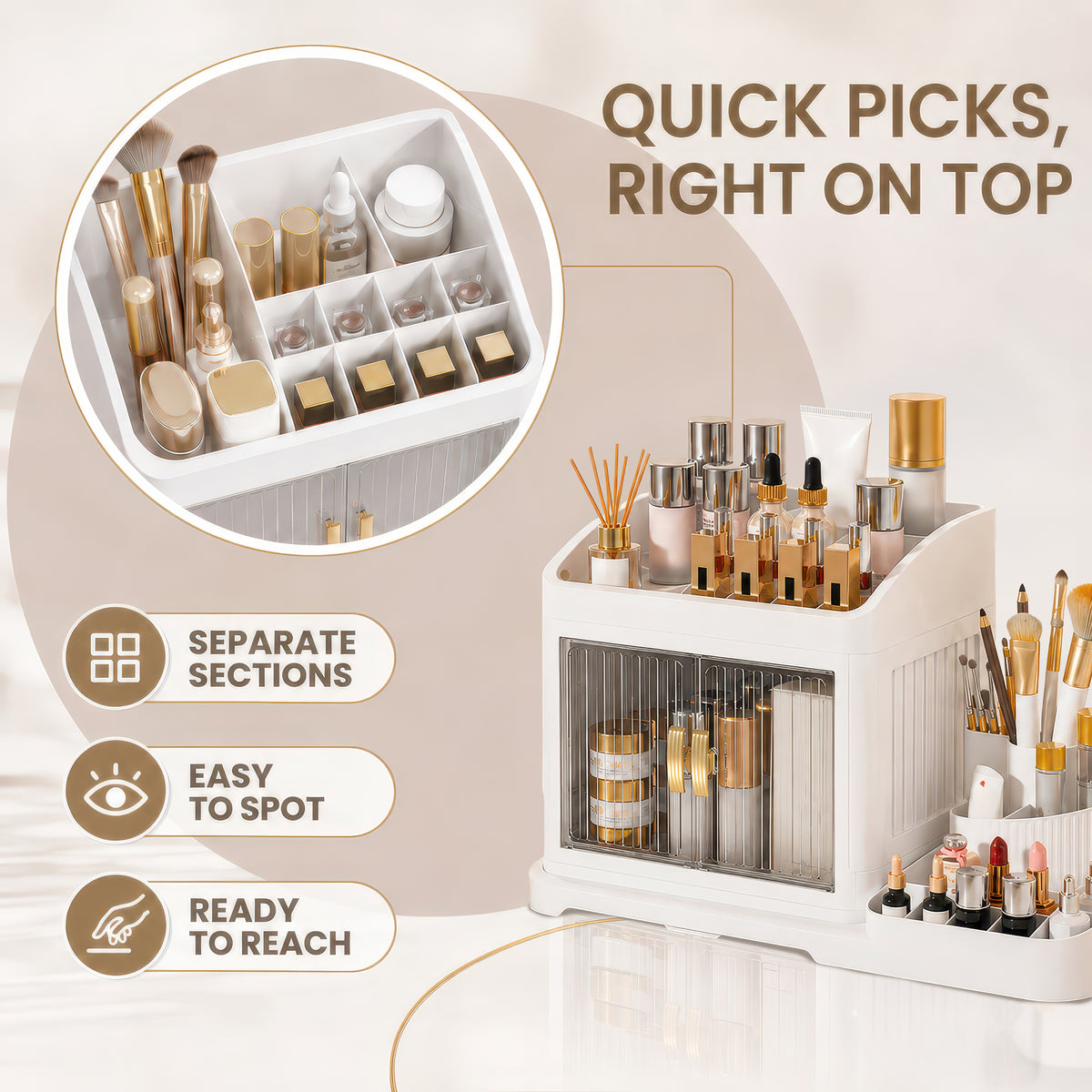 AINEXA 2-Layer 360° Rotating Makeup Organiser with Brush Holder – White