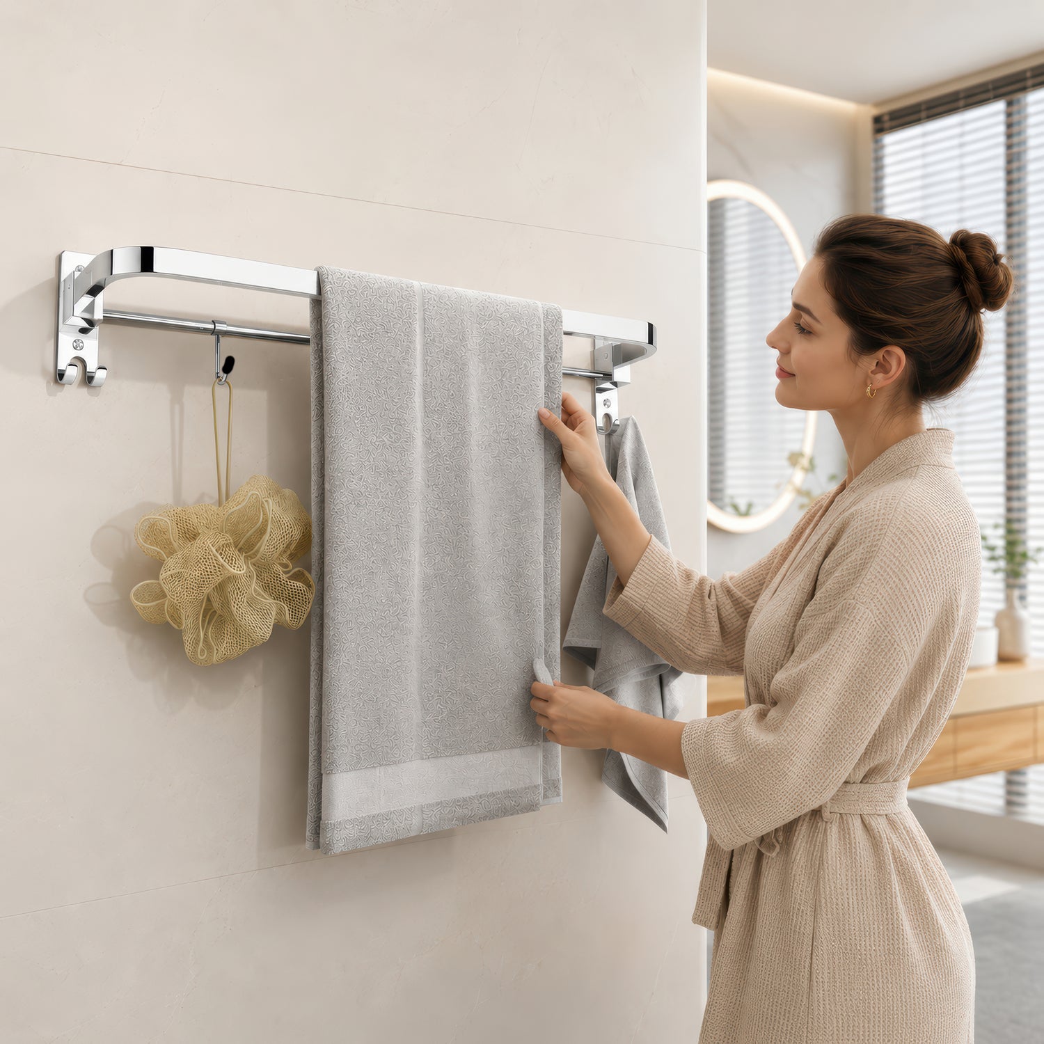AINEXA 24-Inch Foldable Stainless Steel Towel Rack with Hooks – Chrome