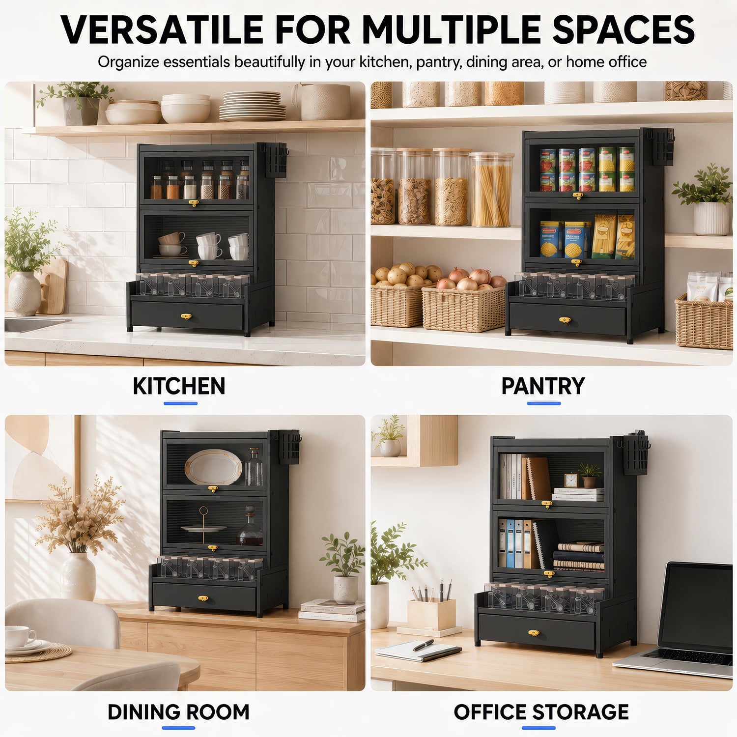 AINEXA 2-Layer Kitchen Storage Cabinet with Drawer & 4 Storage Boxes – Black