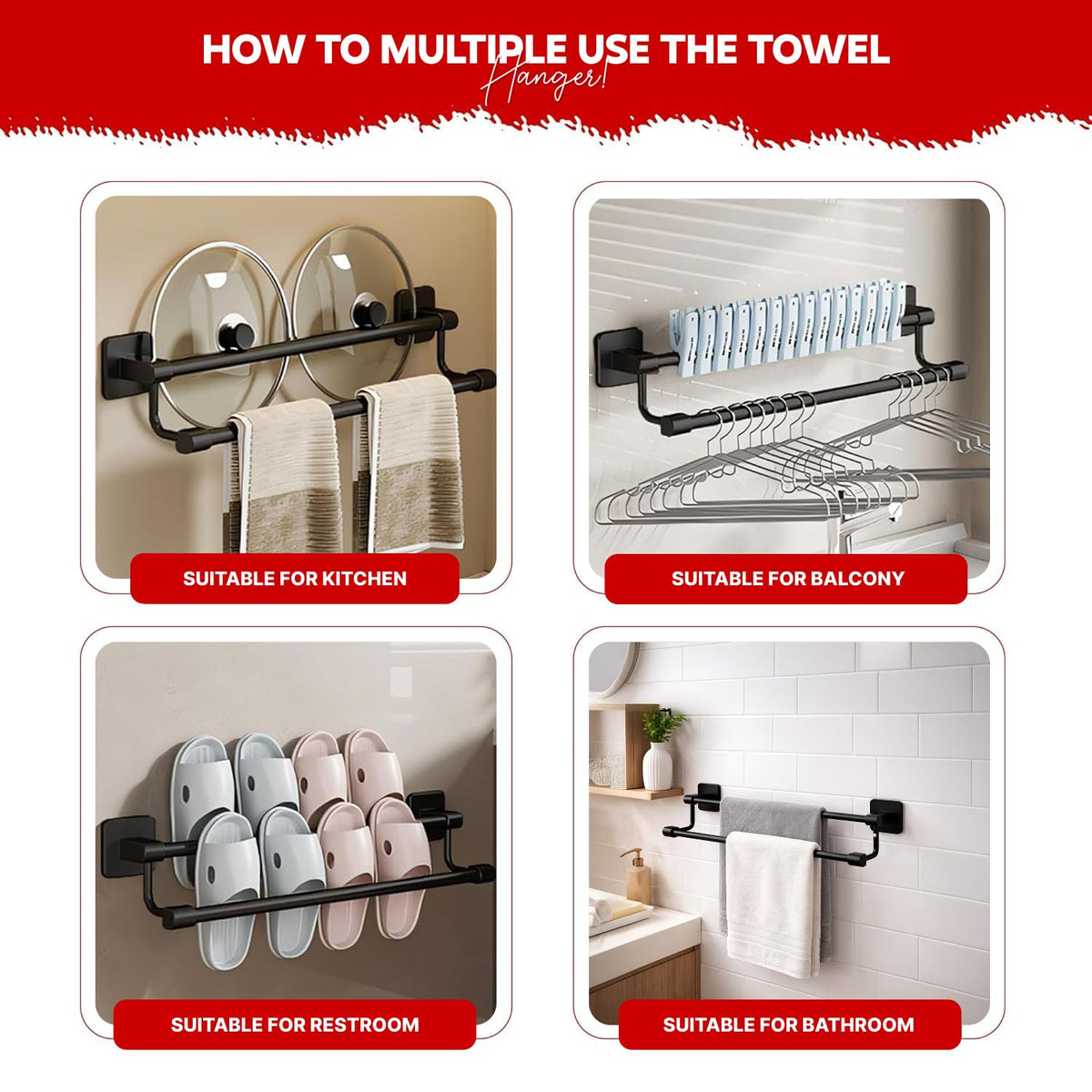 AINEXA 24-Inch Self-Adhesive Aluminium Towel Holder – Matte Black