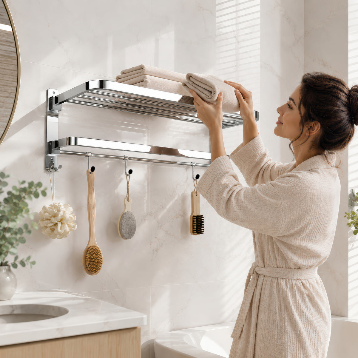 AINEXA 24-Inch 1.5 kg Folding Stainless Steel Towel Rack with Hooks – Chrome
