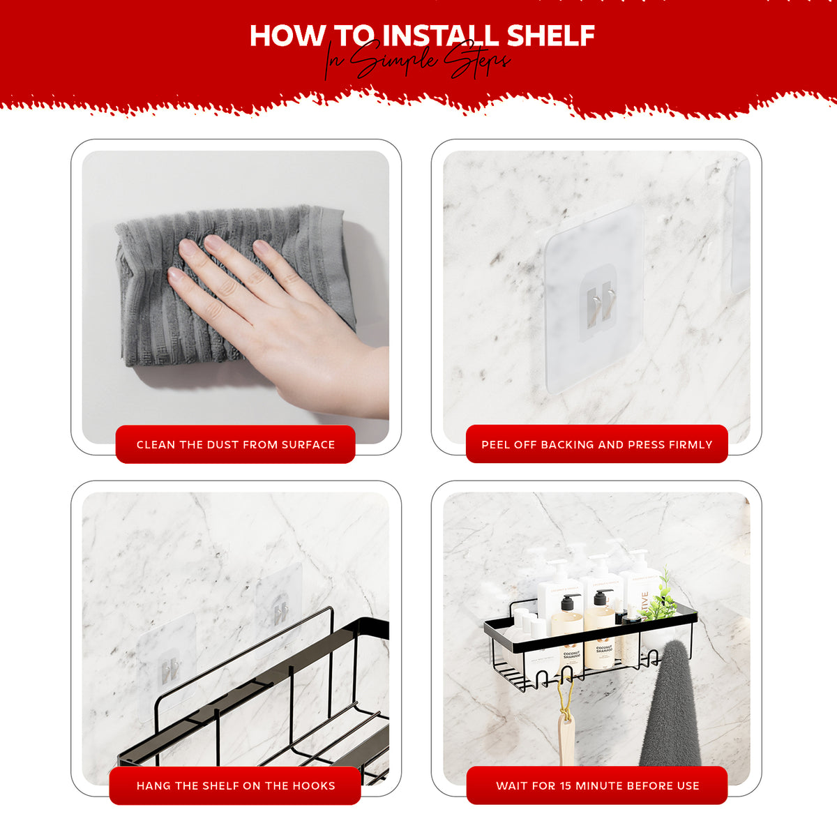 AINEXA 2-Piece Self-Adhesive Carbon Steel Bathroom Shelves – No Drill