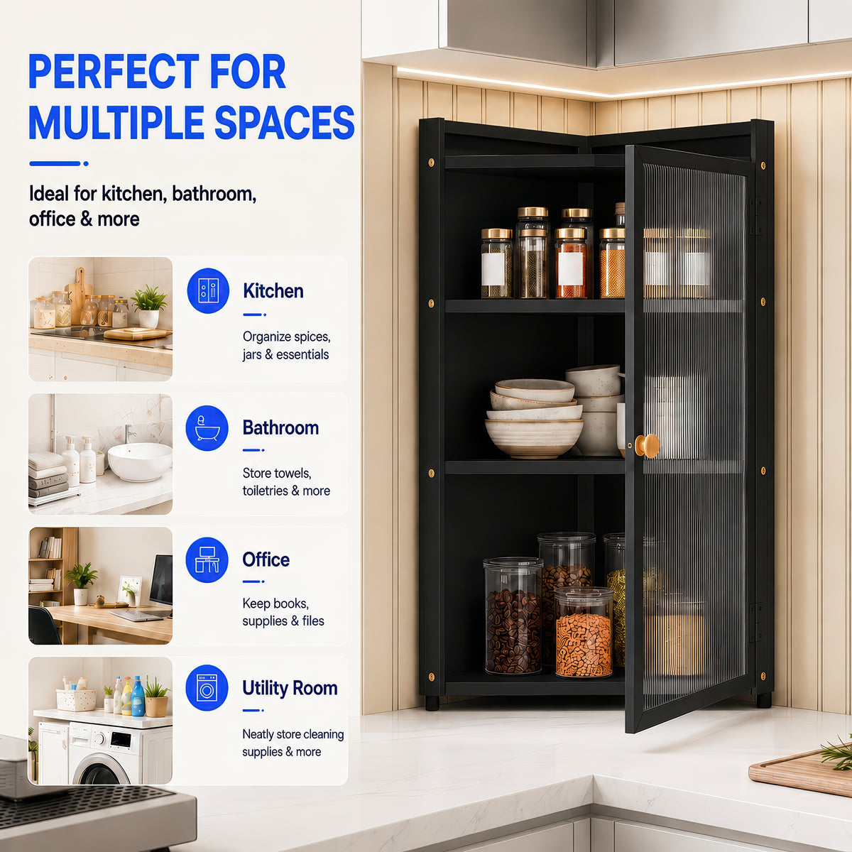 AINEXA 40 cm 3-Layer Corner Kitchen Storage Cabinet with Door – Black