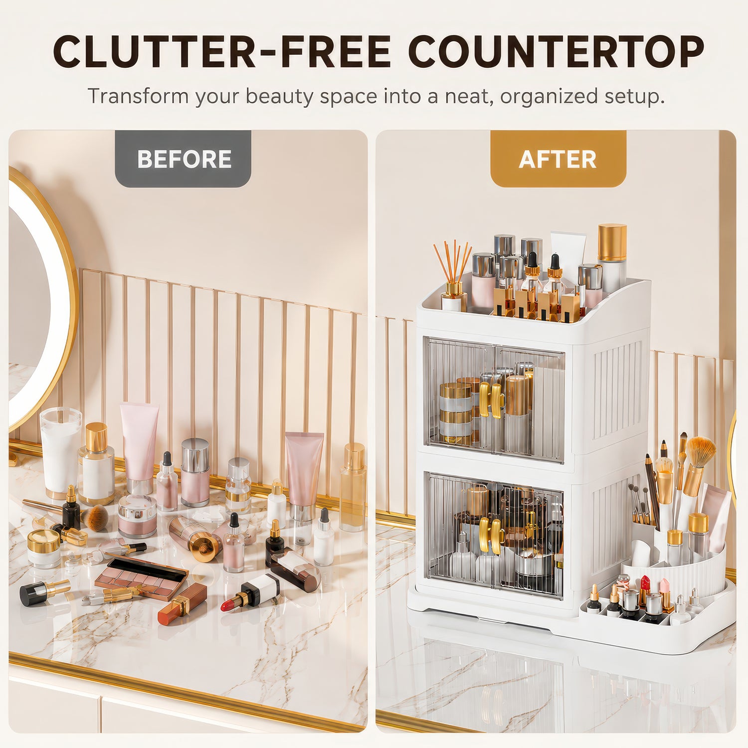 AINEXA 3-Layer 360° Rotating Makeup Organiser with Brush Holder – White