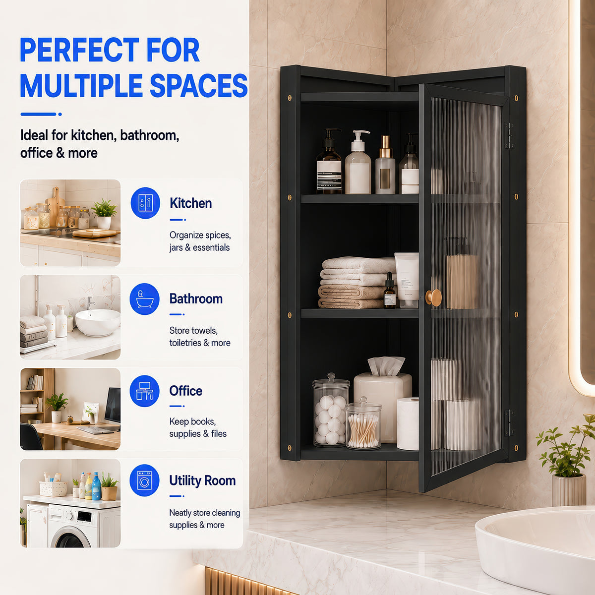 AINEXA 40 cm 3-Layer Bathroom Corner Cabinet with Door – Black