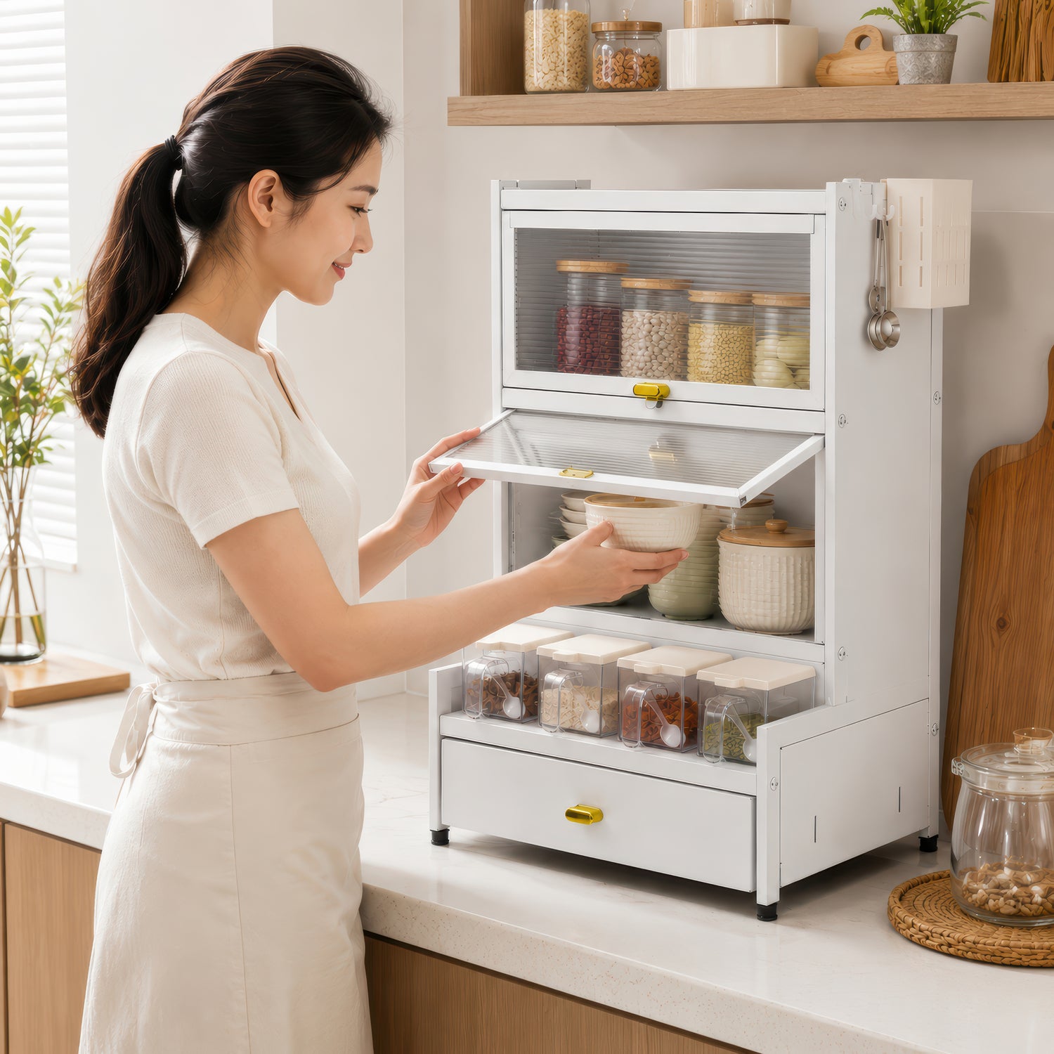 AINEXA 2-Layer Kitchen Storage Cabinet with Drawer & 4 Storage Boxes – White