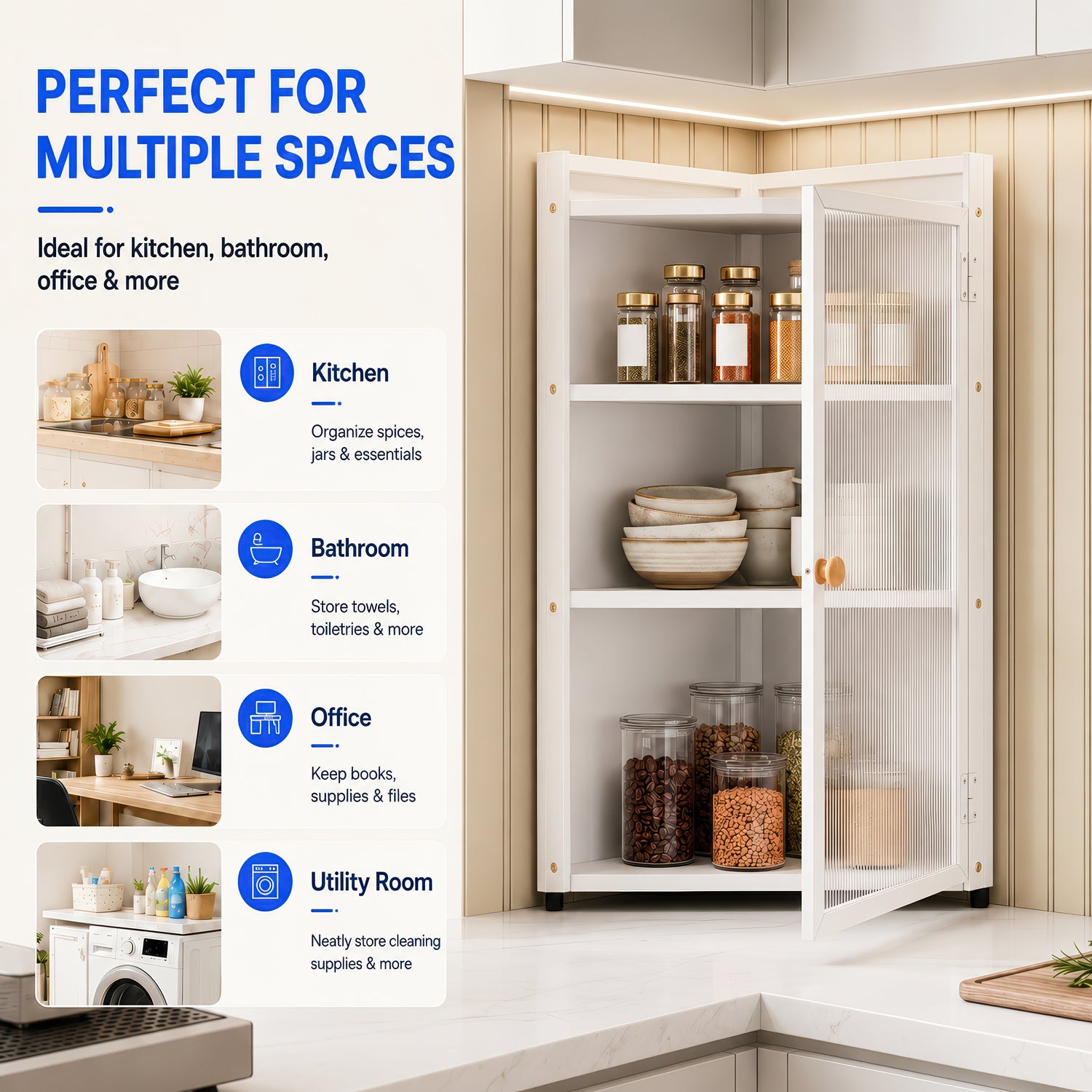 AINEXA 40 cm 3-Layer Corner Kitchen Storage Cabinet with Door – White