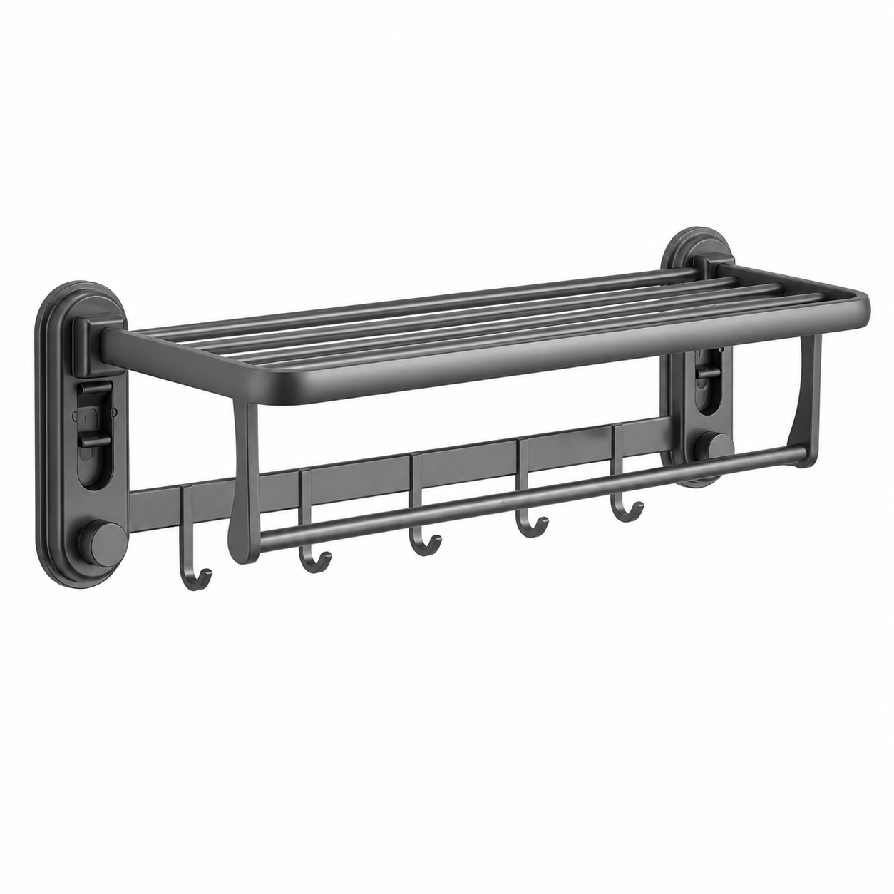AINEXA Vacuum Suction Aluminium Towel Rack with Shelf & Hooks – Matte Grey